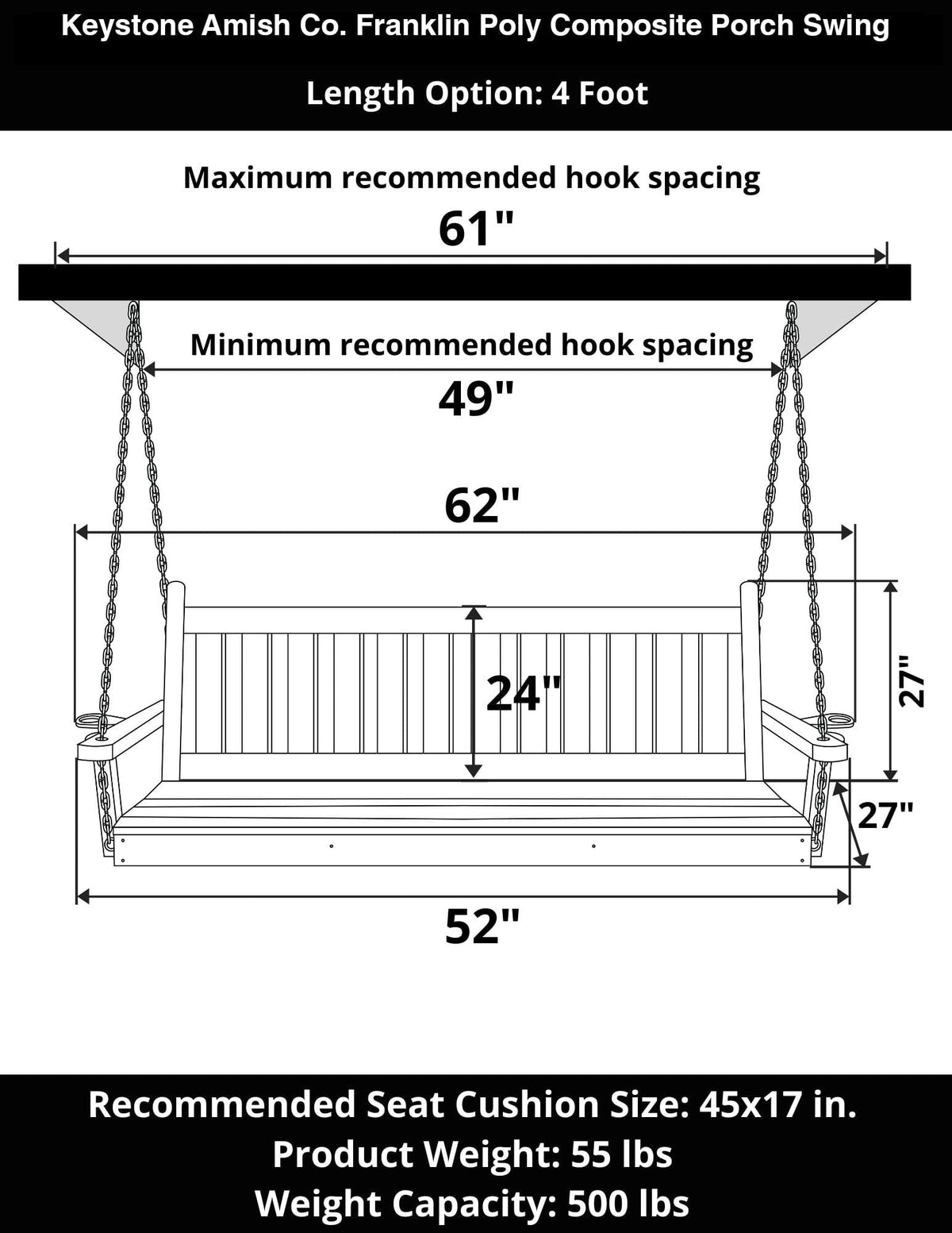 Keystone Amish Co. 4 Foot Franklin Poly Composite Porch Swing, Black