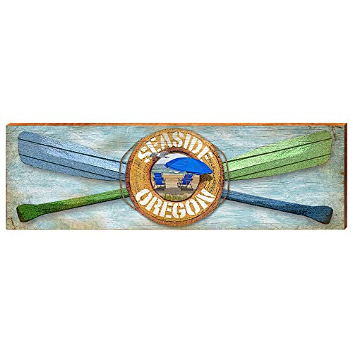 Seaside Oregon Life Ring Blue Umbrellas Home Decor Art Print on Real Wood