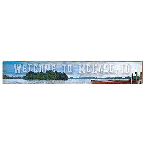 Welcome to McCall Idaho Red Canoe on Lake Home Decor Art Print on Real Wood Each