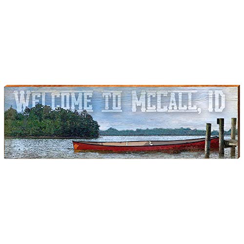 Welcome to McCall Idaho Red Canoe on Lake Sign Home Decor Art Print on Real Wood