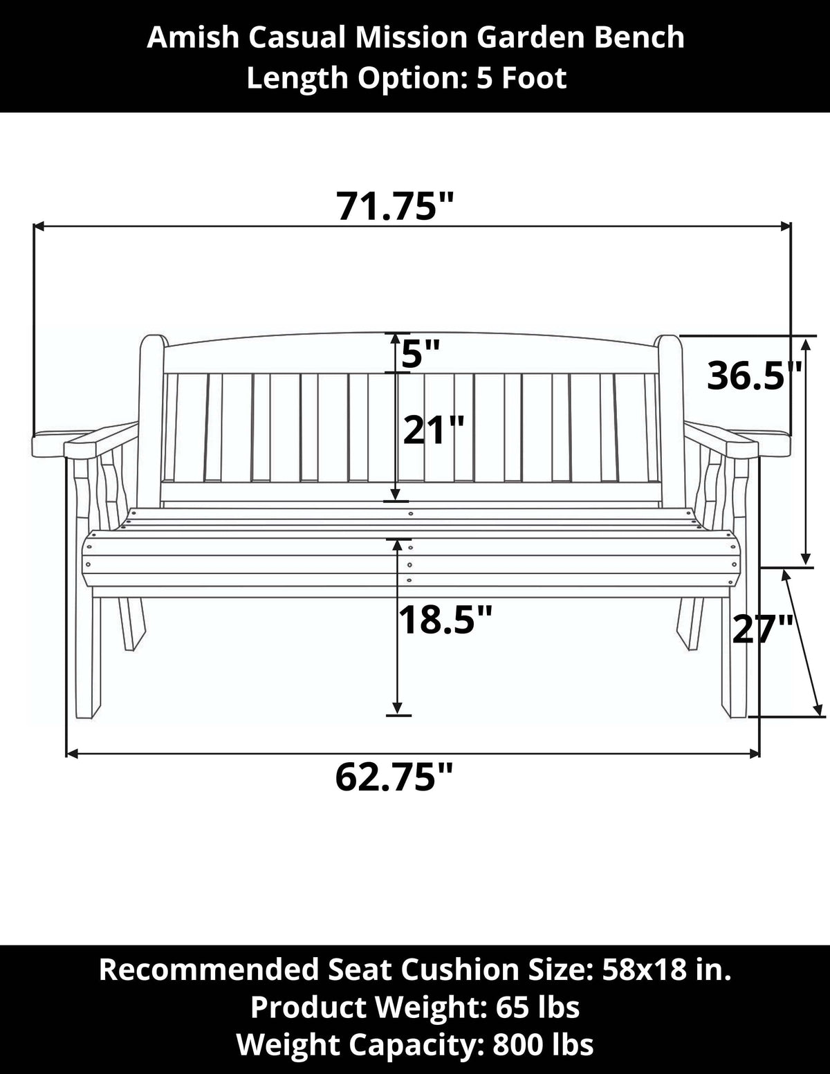 Amish Casual 5 Foot Mission Wood Garden Bench
