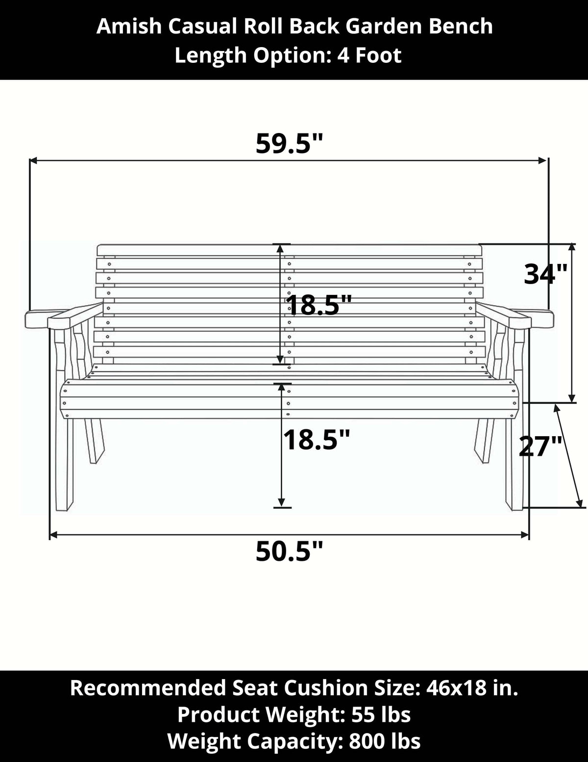 Amish Casual Heavy Duty Roll Back 4 Foot Treated Garden Bench