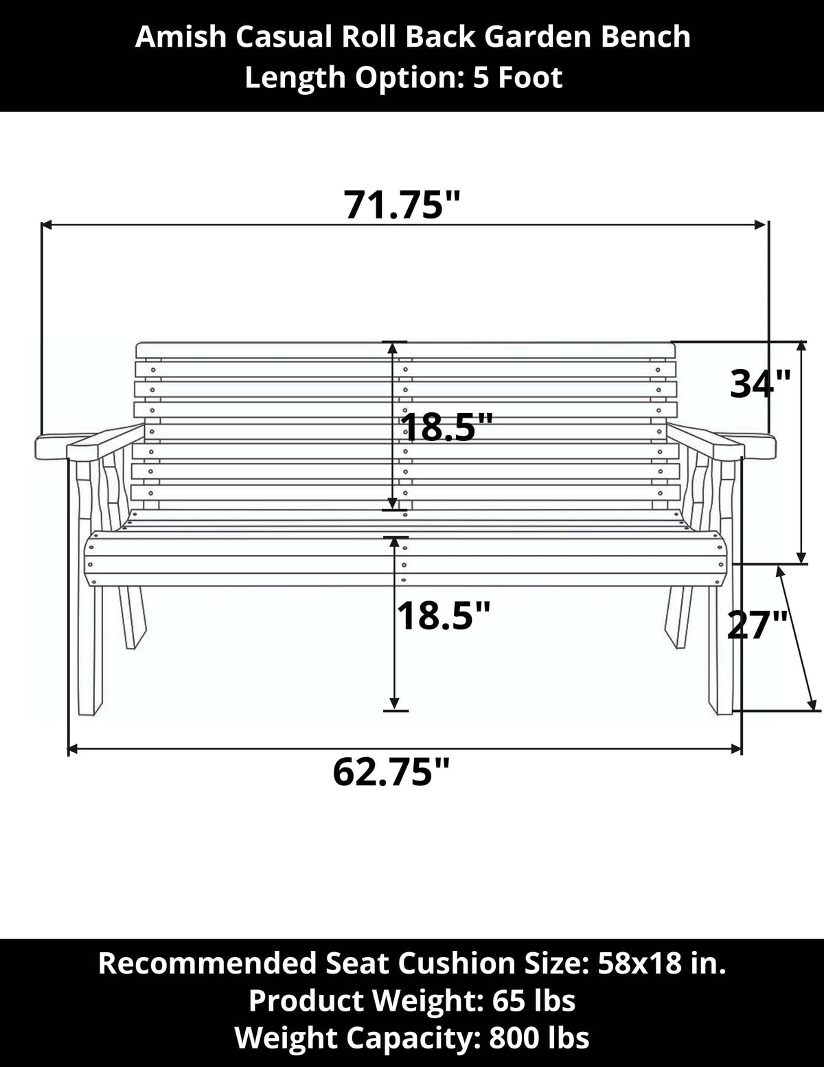 Amish Casual Roll Back 5 Foot Treated Wood Outdoor Bench