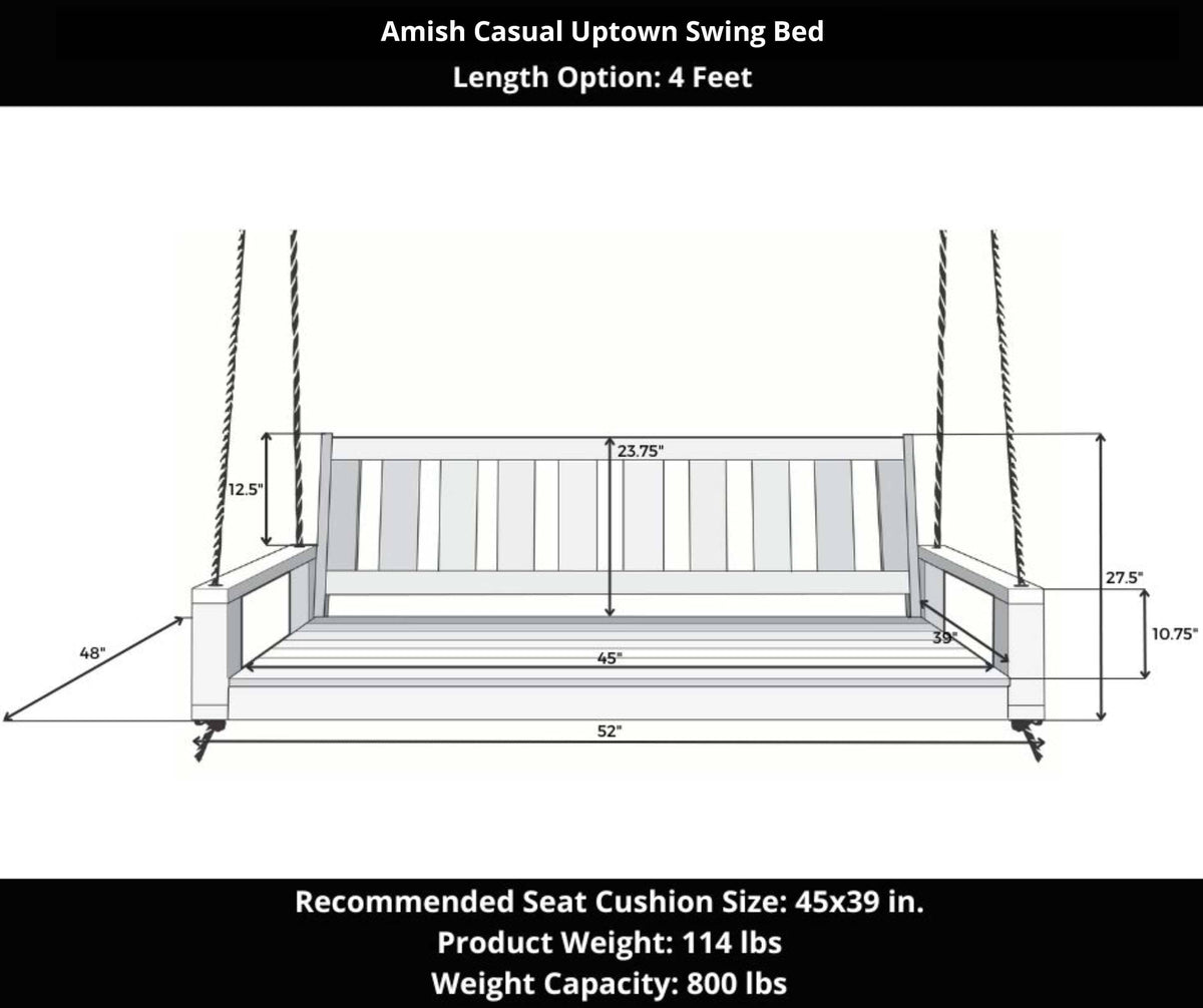 Amish Casual 4 Foot Uptown Porch Swing Bed in Tricorn Black Paint