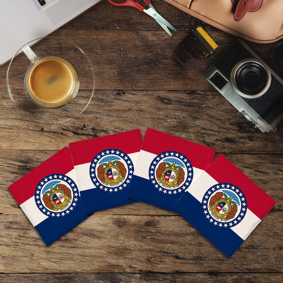 Missouri State Flag | Drink Coaster Set of 4 | Absorbent Ridged Ceramic with Cork Backing