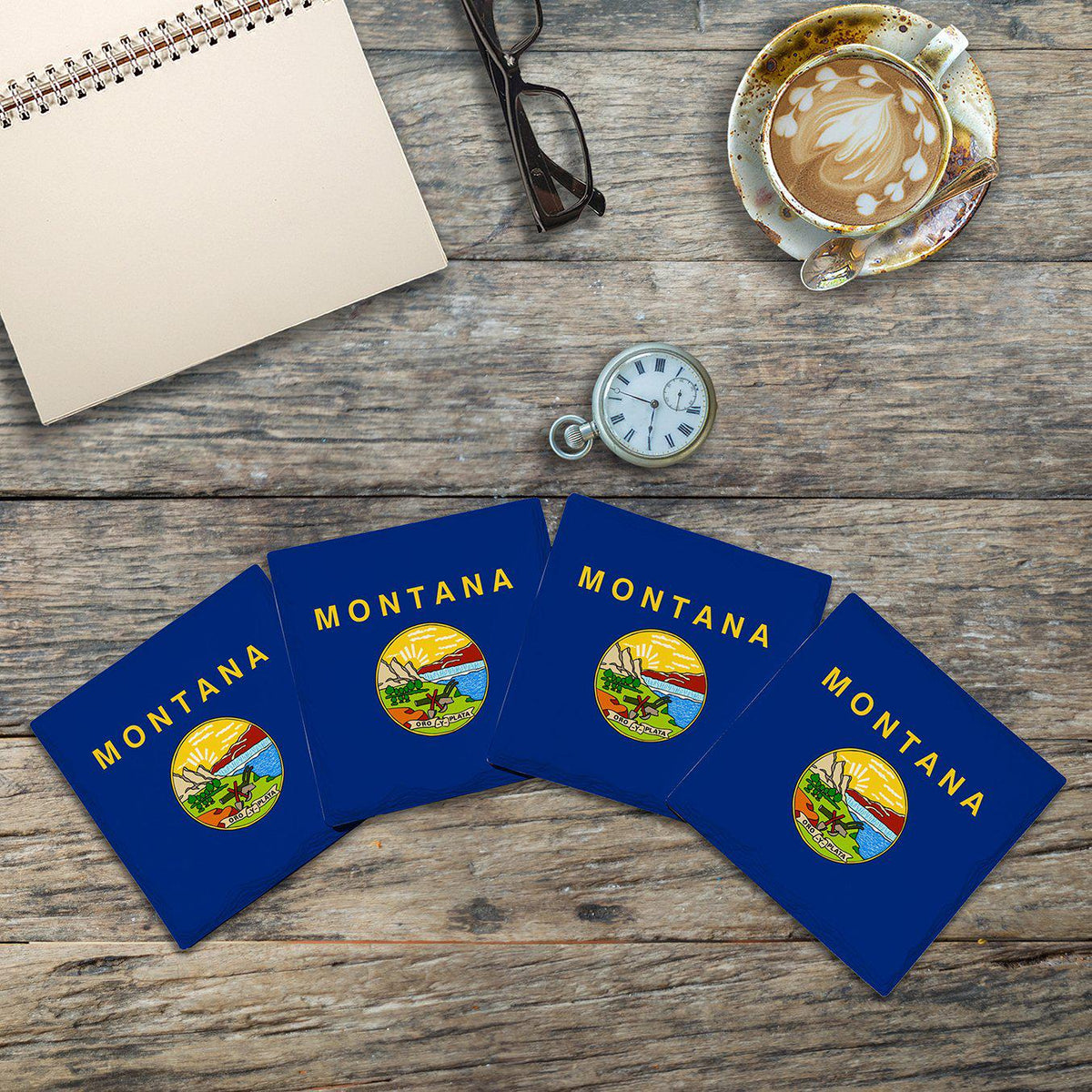 Montana State Flag | Drink Coaster Set of 4 | Absorbent Ridged Ceramic with Cork Backing