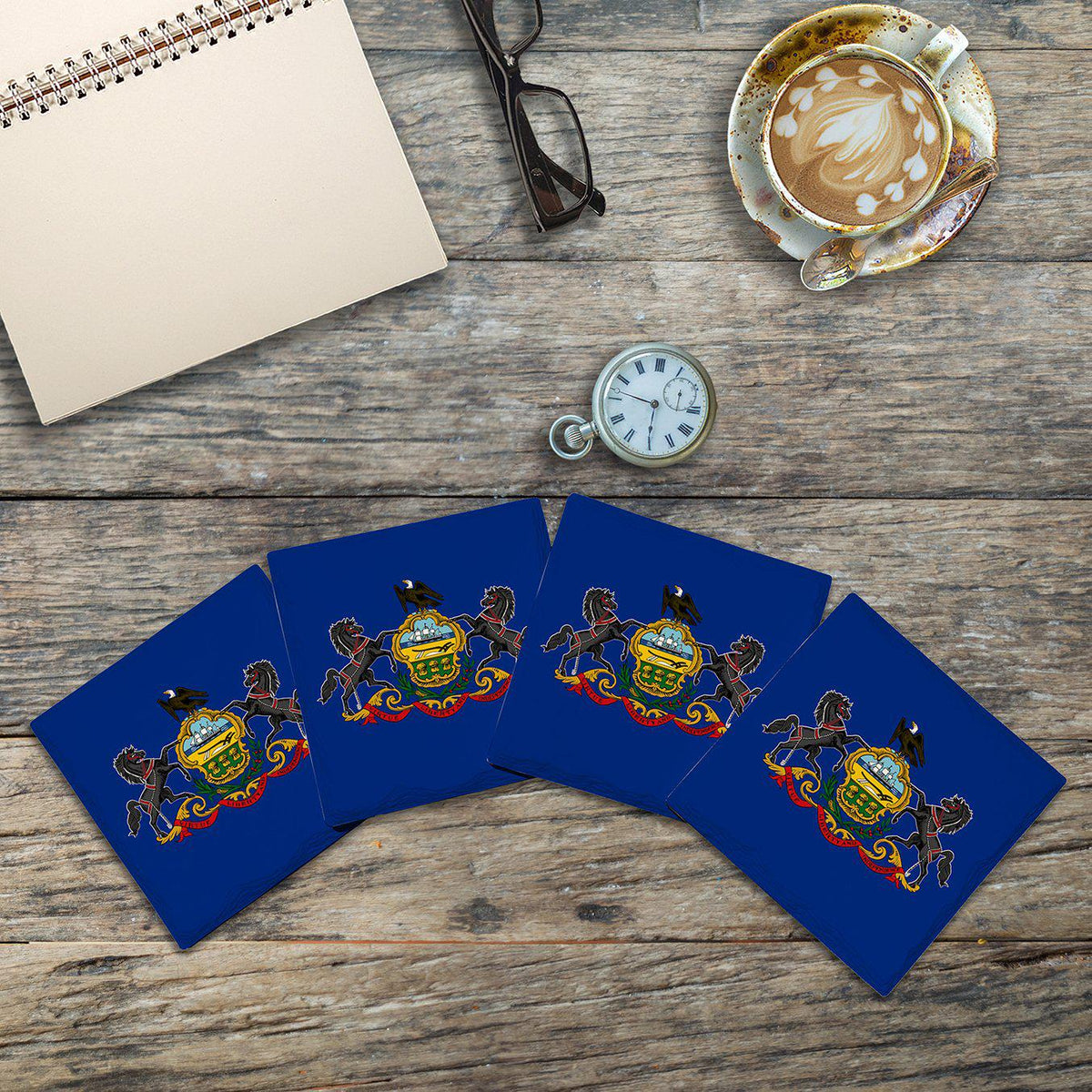 Pennsylvania State Flag | Drink Coaster Set of 4 | Absorbent Ridged Ceramic with Cork Backing