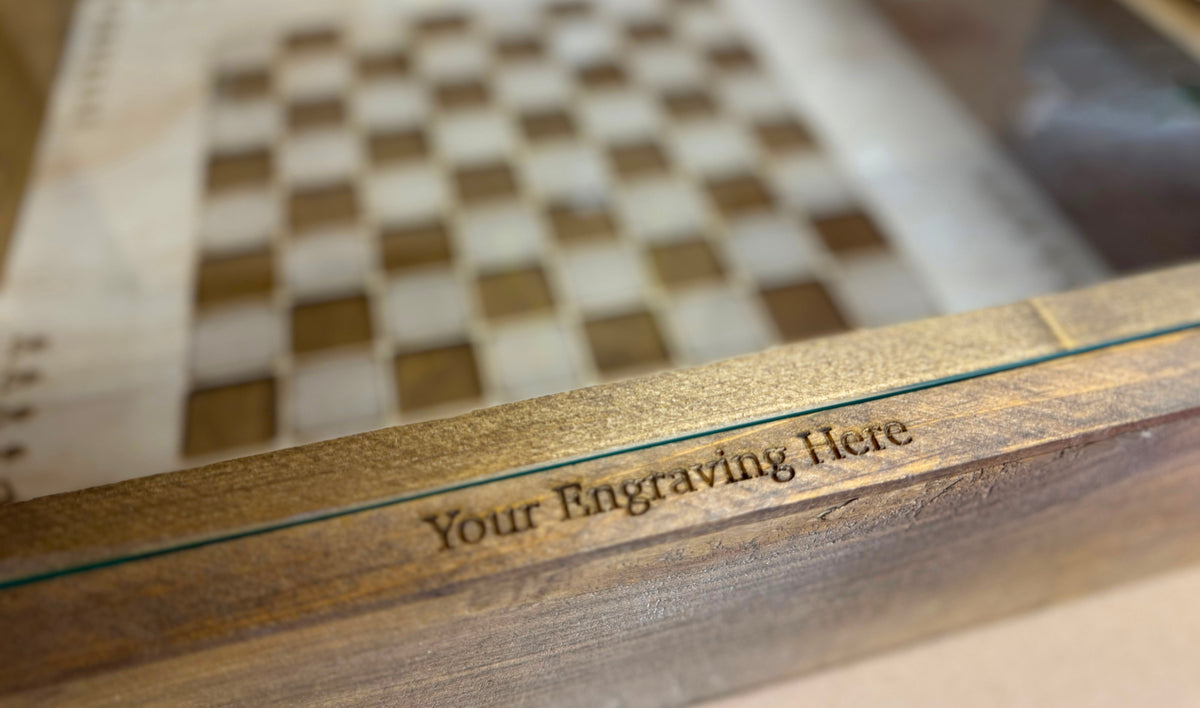 Rustic Chess and Checkers Table with removable glass top - chess and checkers pieces included