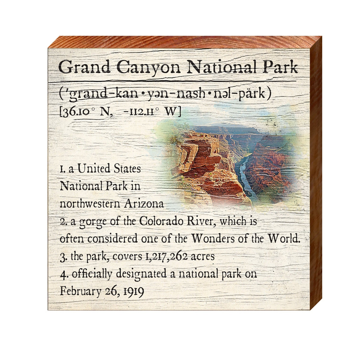 Grand Canyon National Park, Arizona Definition Wooden Sign | Wall Art Print on Real Wood