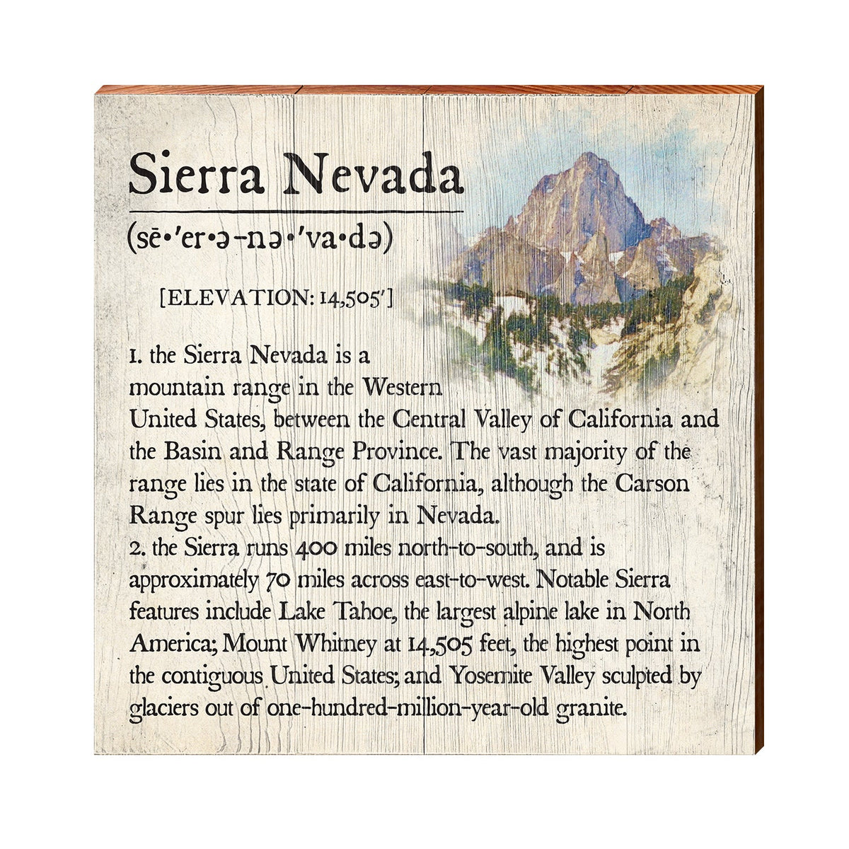 Sierra Nevada, California Definition Wooden Sign | Wall Art Print on Real Wood