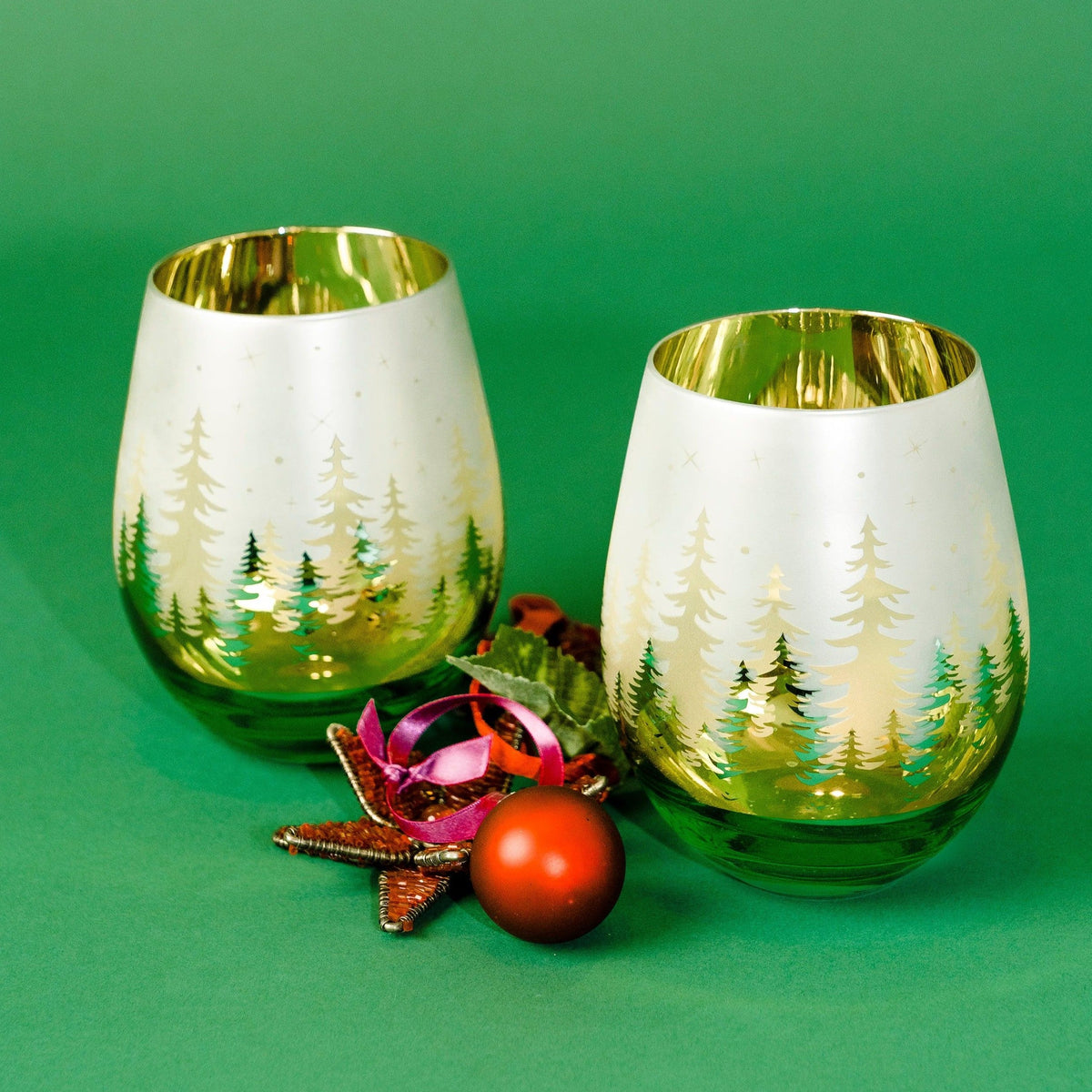 Green Pine Tree Stemless Glasses