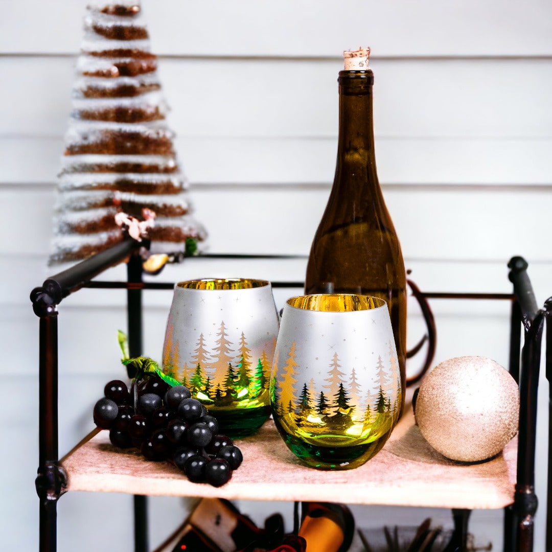 Green Pine Tree Stemless Glasses