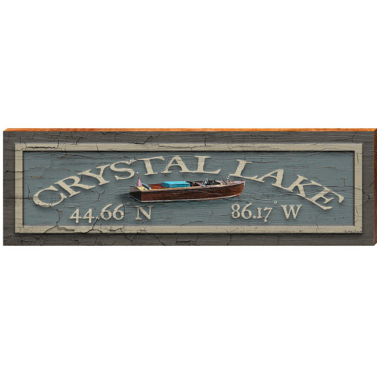 Crystal Lake Vintage Boat Blue Latitude Longitude | Wall Art Print on Real Wood