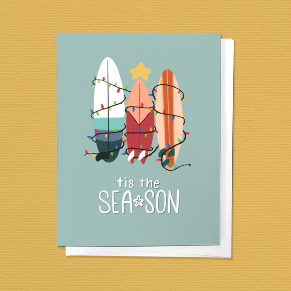 Tis the Sea-Son, Surfboard Holiday Christmas Greeting Card