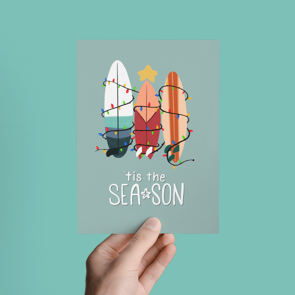 Tis the Sea-Son, Surfboard Holiday Christmas Greeting Card
