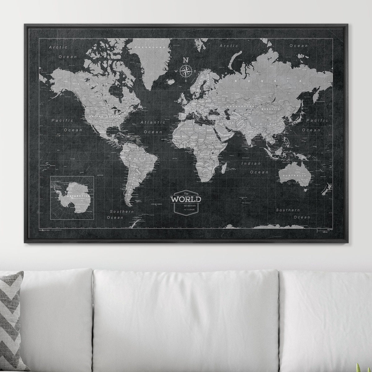 Push Pin World Map Pin Board - Modern Slate - Pins Included!