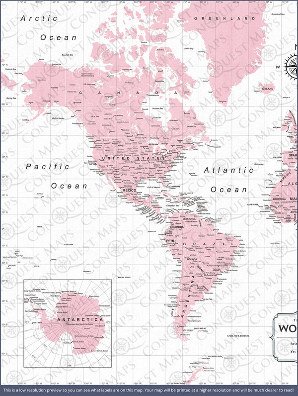 Push Pin World Map Pin Board - Pink Color Splash - Pins Included!