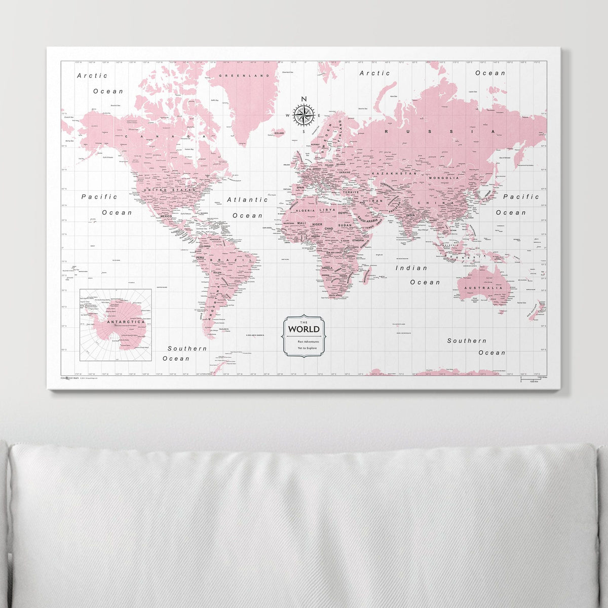 Push Pin World Map Pin Board - Pink Color Splash - Pins Included!