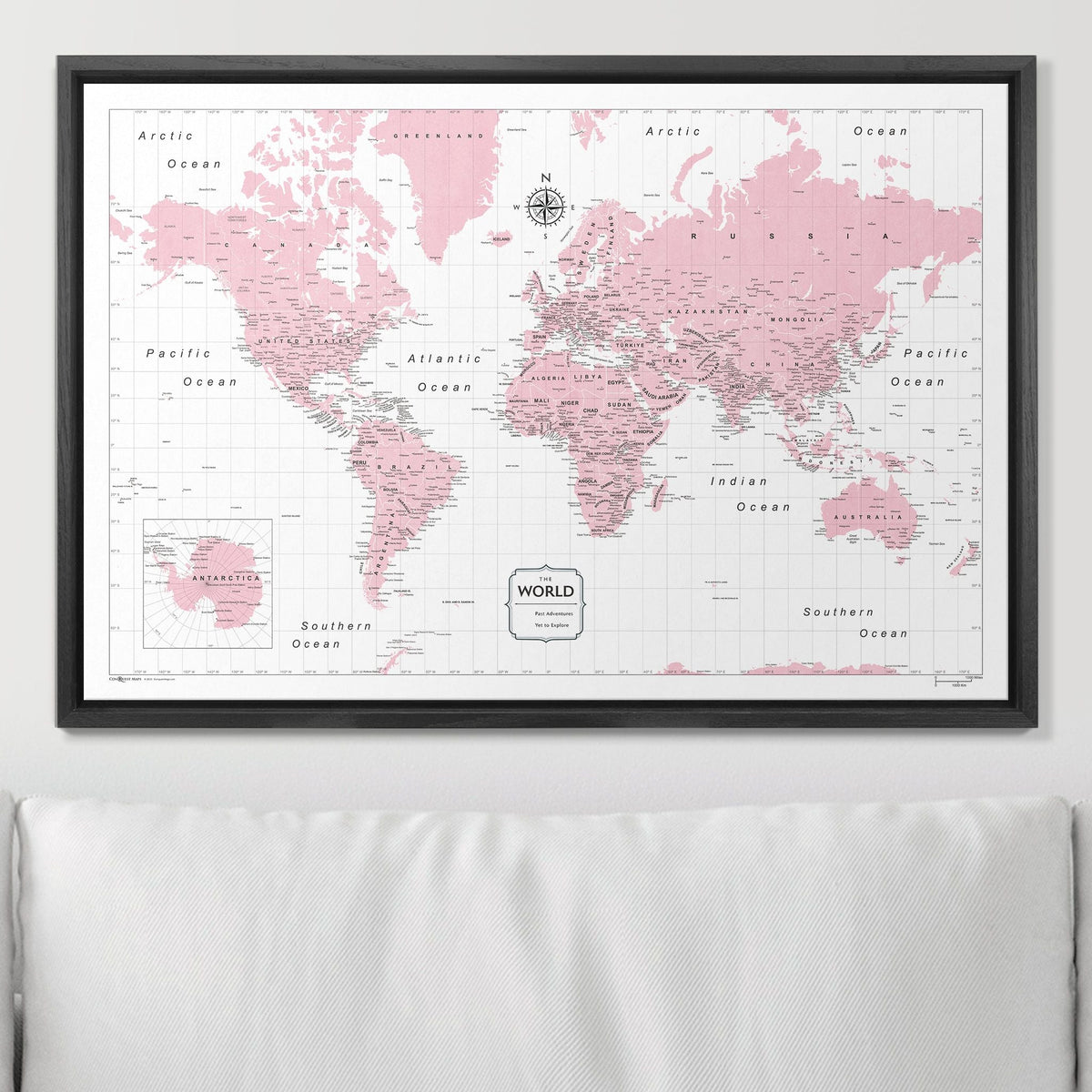 Push Pin World Map Pin Board - Pink Color Splash - Pins Included!
