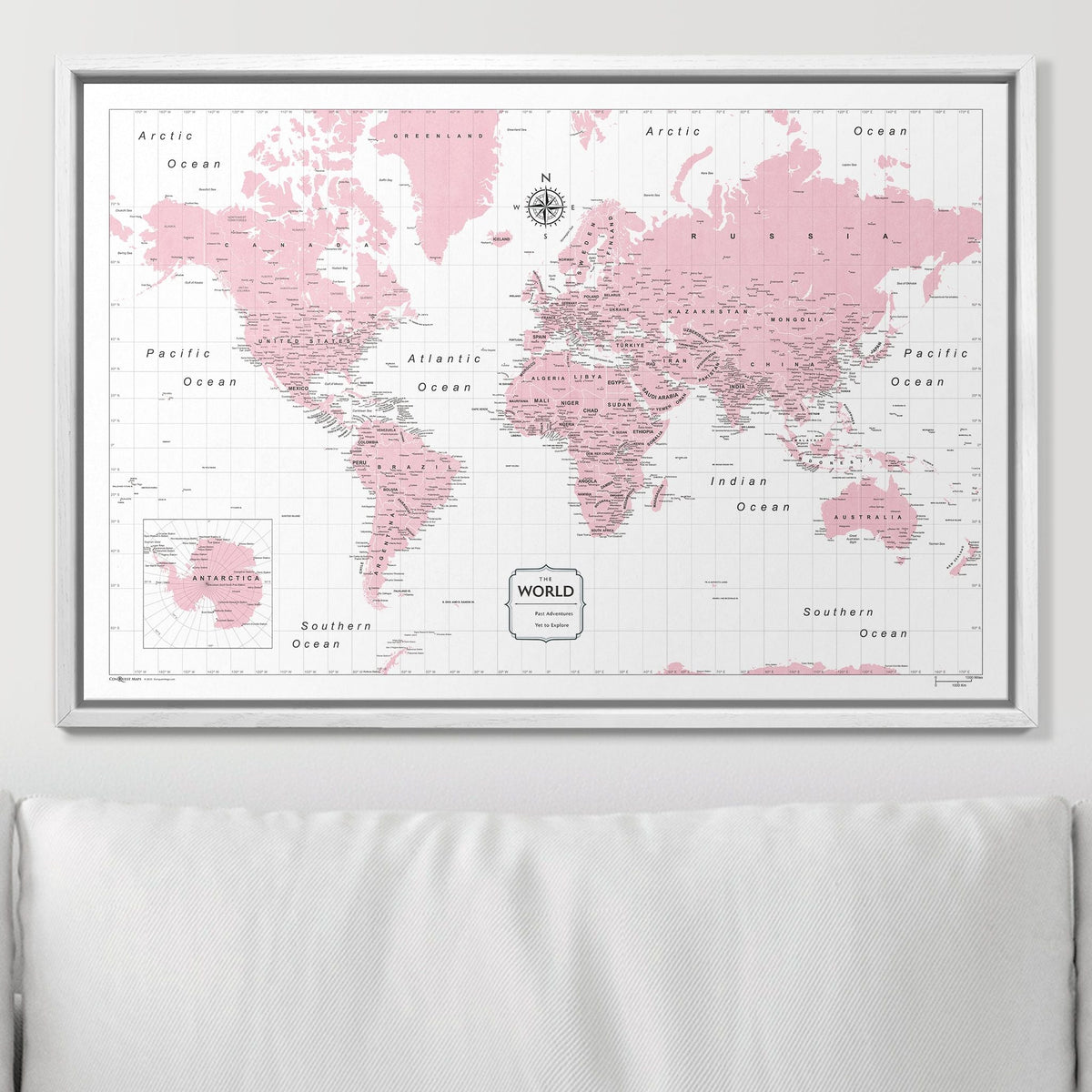 Push Pin World Map Pin Board - Pink Color Splash - Pins Included!