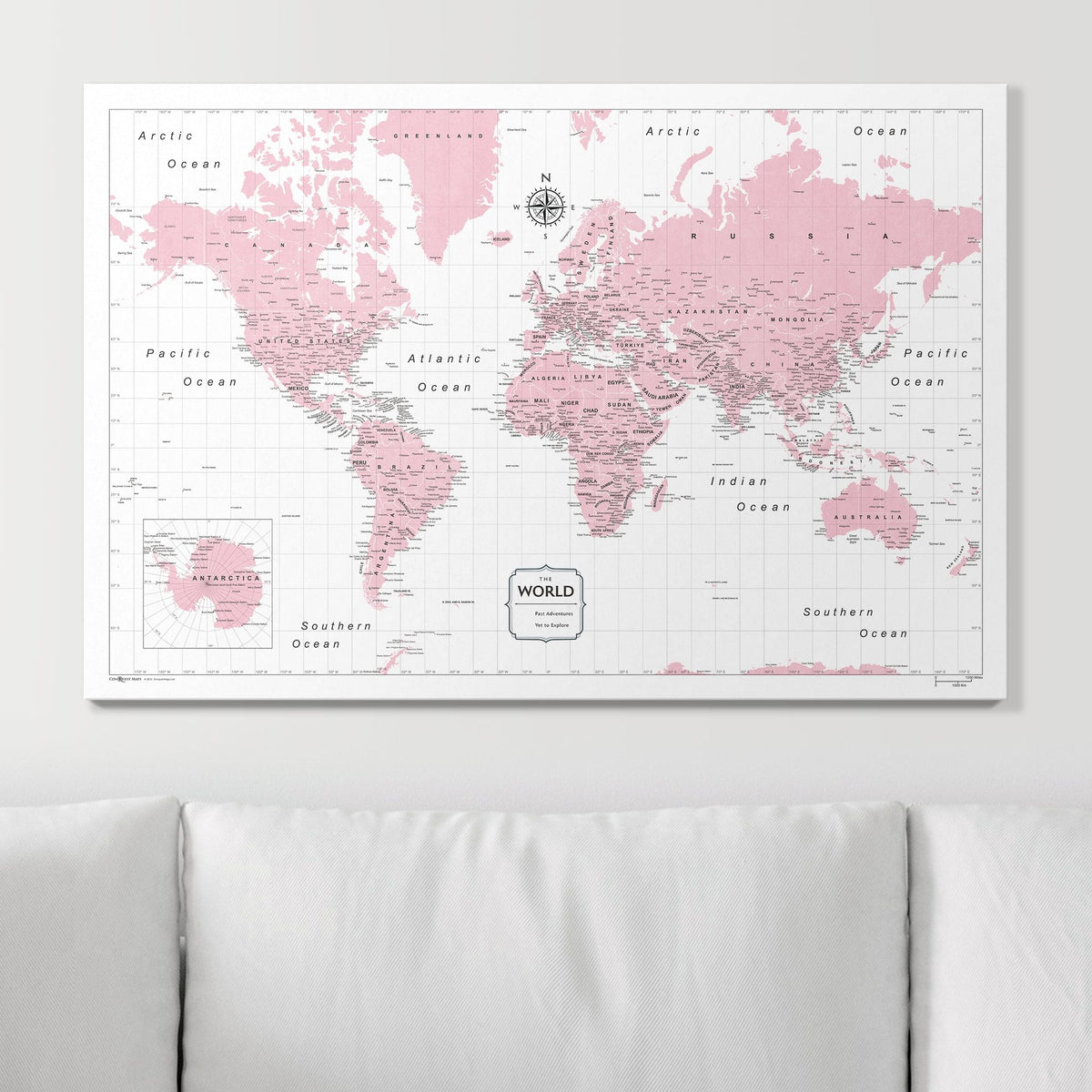 Push Pin World Map Pin Board - Pink Color Splash - Pins Included!
