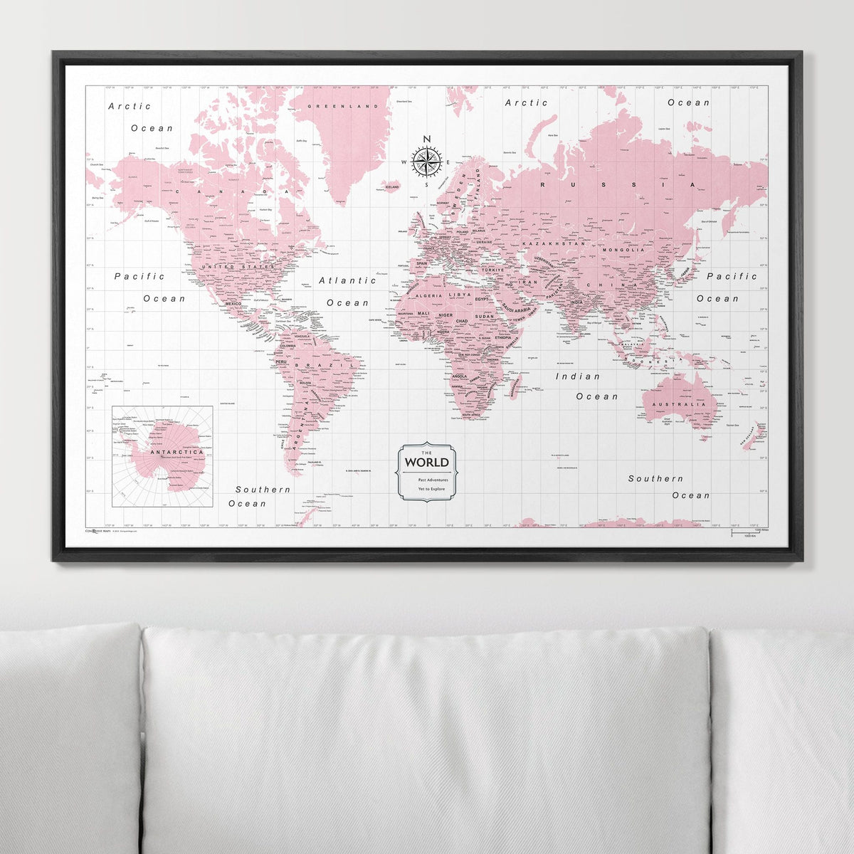 Push Pin World Map Pin Board - Pink Color Splash - Pins Included!