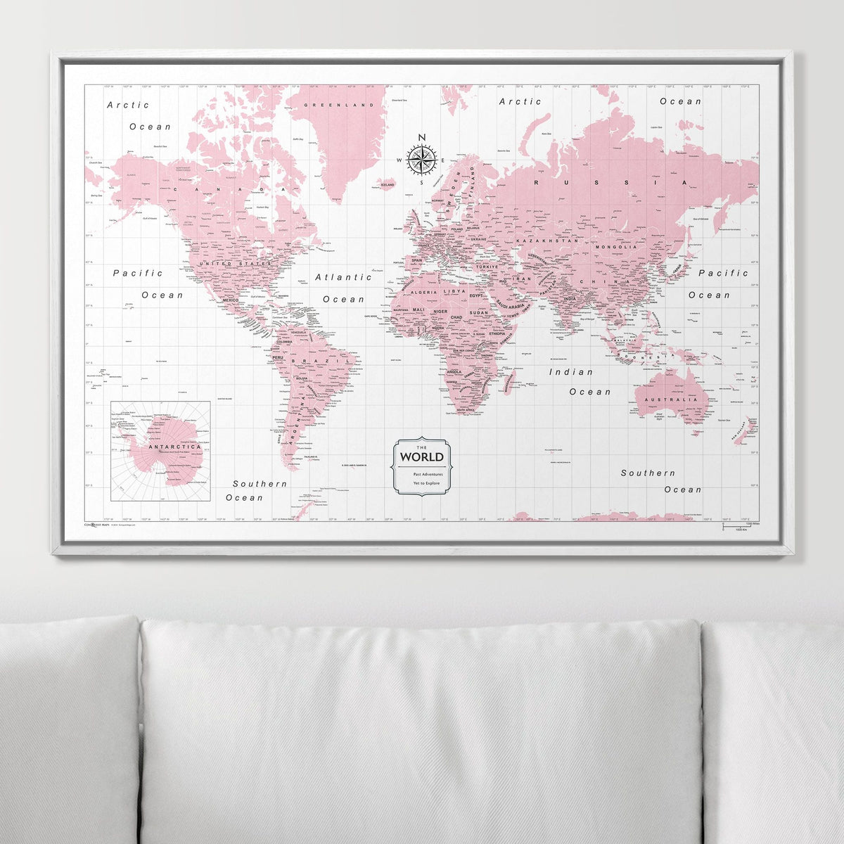 Push Pin World Map Pin Board - Pink Color Splash - Pins Included!