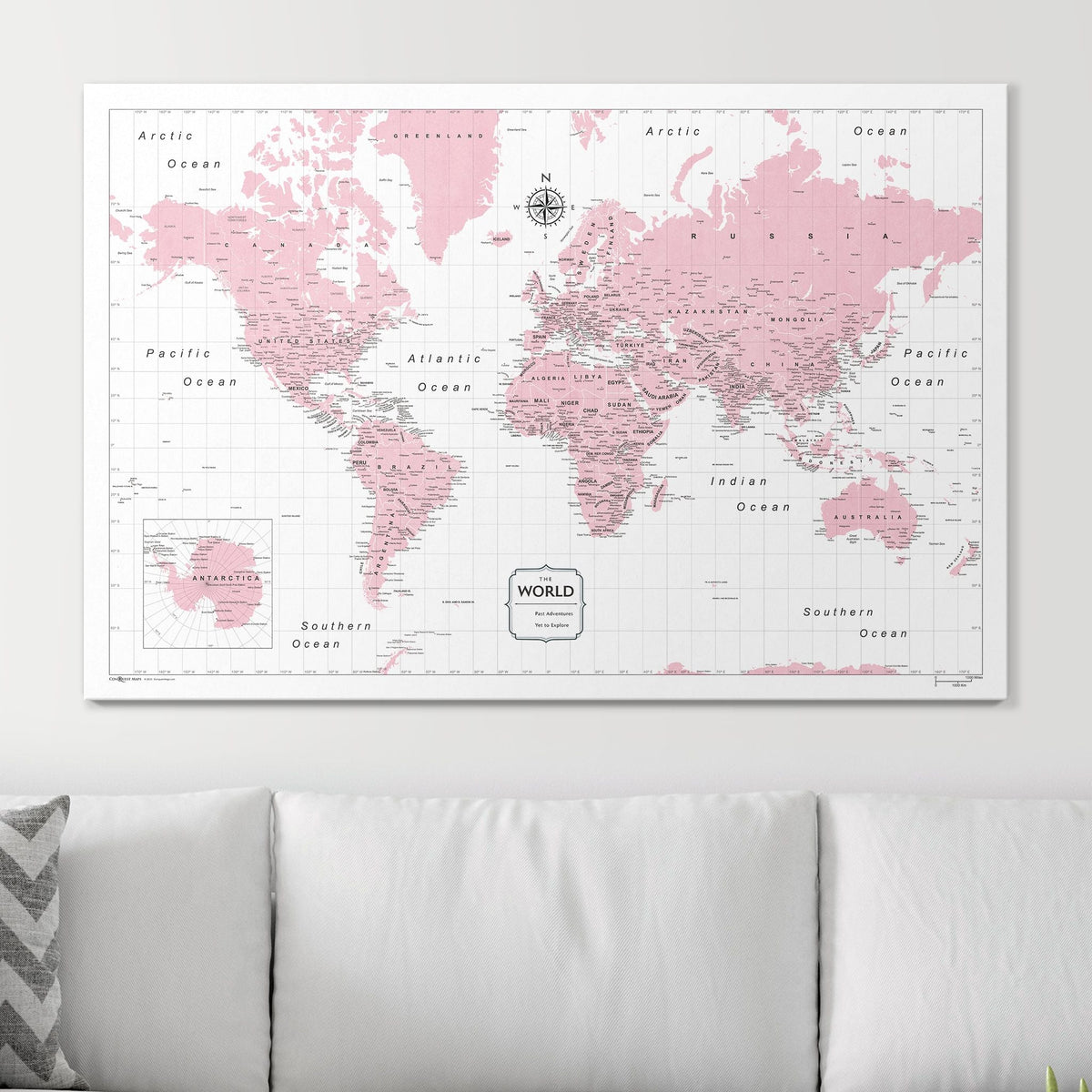 Push Pin World Map Pin Board - Pink Color Splash - Pins Included!