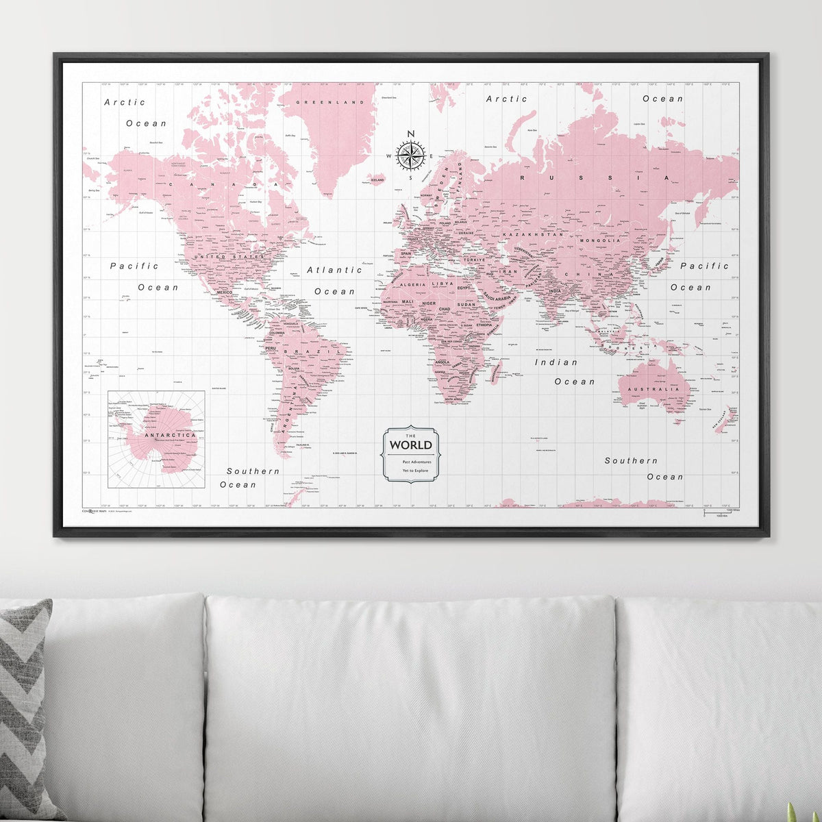Push Pin World Map Pin Board - Pink Color Splash - Pins Included!