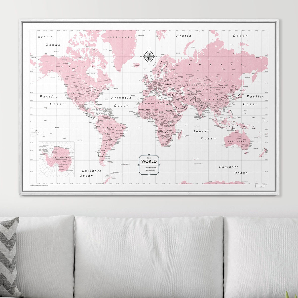 Push Pin World Map Pin Board - Pink Color Splash - Pins Included!