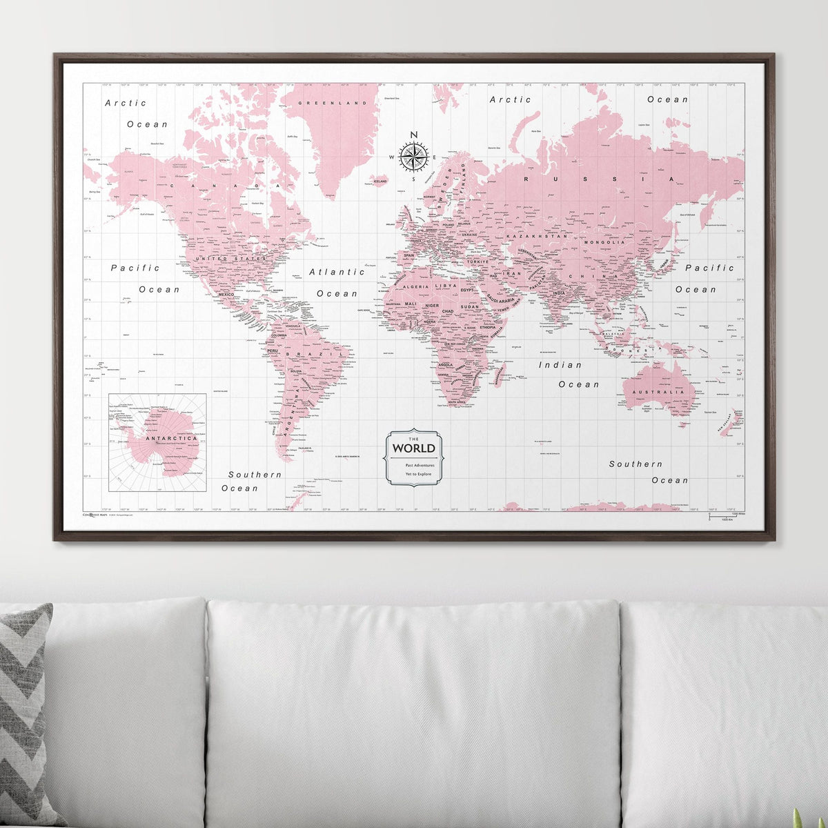 Push Pin World Map Pin Board - Pink Color Splash - Pins Included!