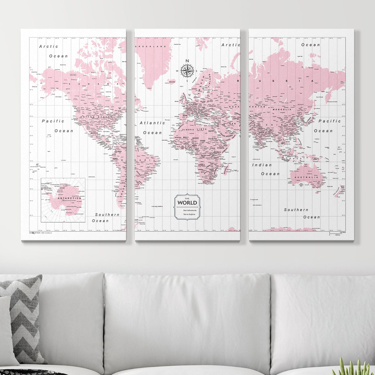Push Pin World Map Pin Board - Pink Color Splash - Pins Included!