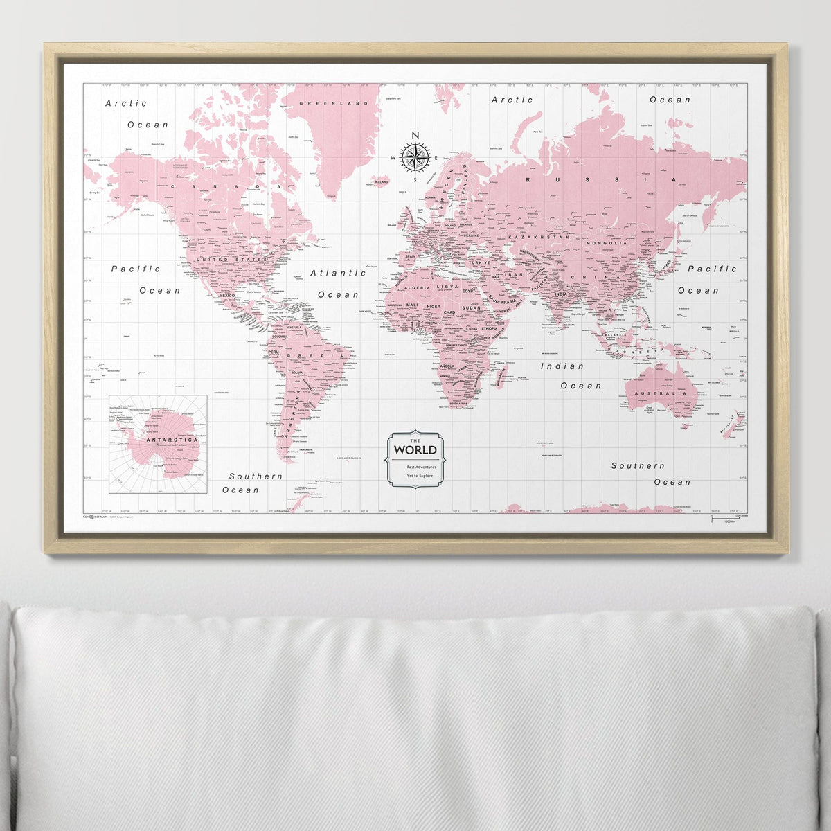 Push Pin World Map Pin Board - Pink Color Splash - Pins Included!