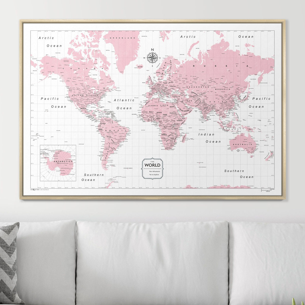 Push Pin World Map Pin Board - Pink Color Splash - Pins Included!