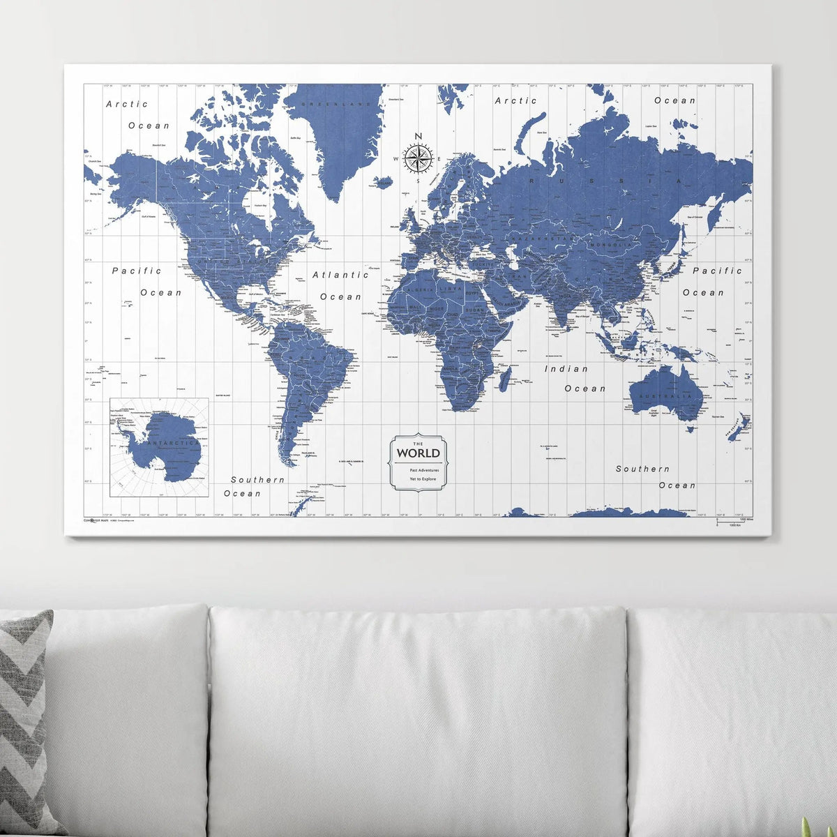 Push Pin World Map Pin Board - Navy Color Splash - Pins Included!
