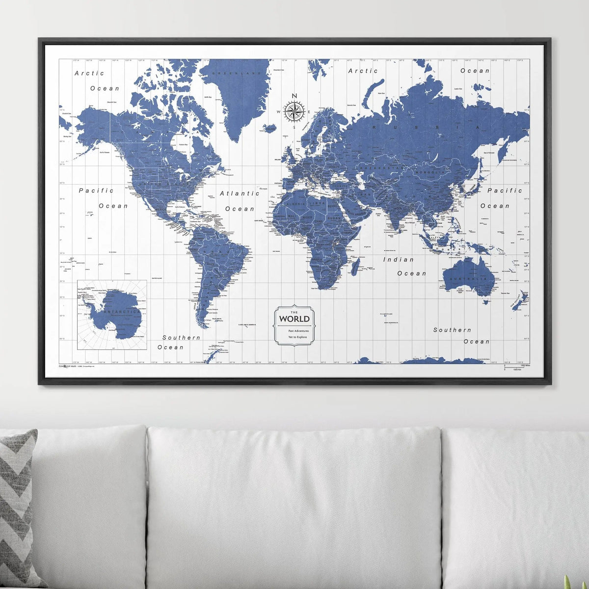 Push Pin World Map Pin Board - Navy Color Splash - Pins Included!