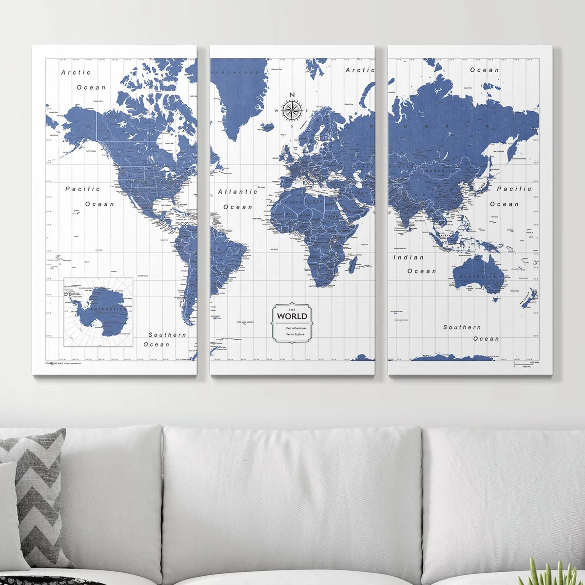 Push Pin World Map Pin Board - Navy Color Splash - Pins Included!