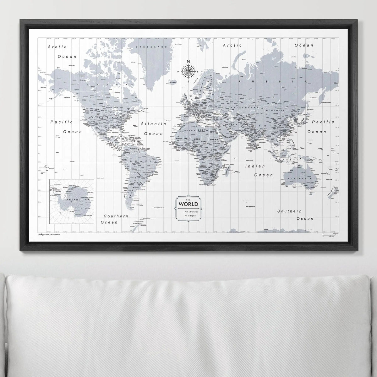 Push Pin World Map Pin Board - Light Gray Color Splash - Pins Included!