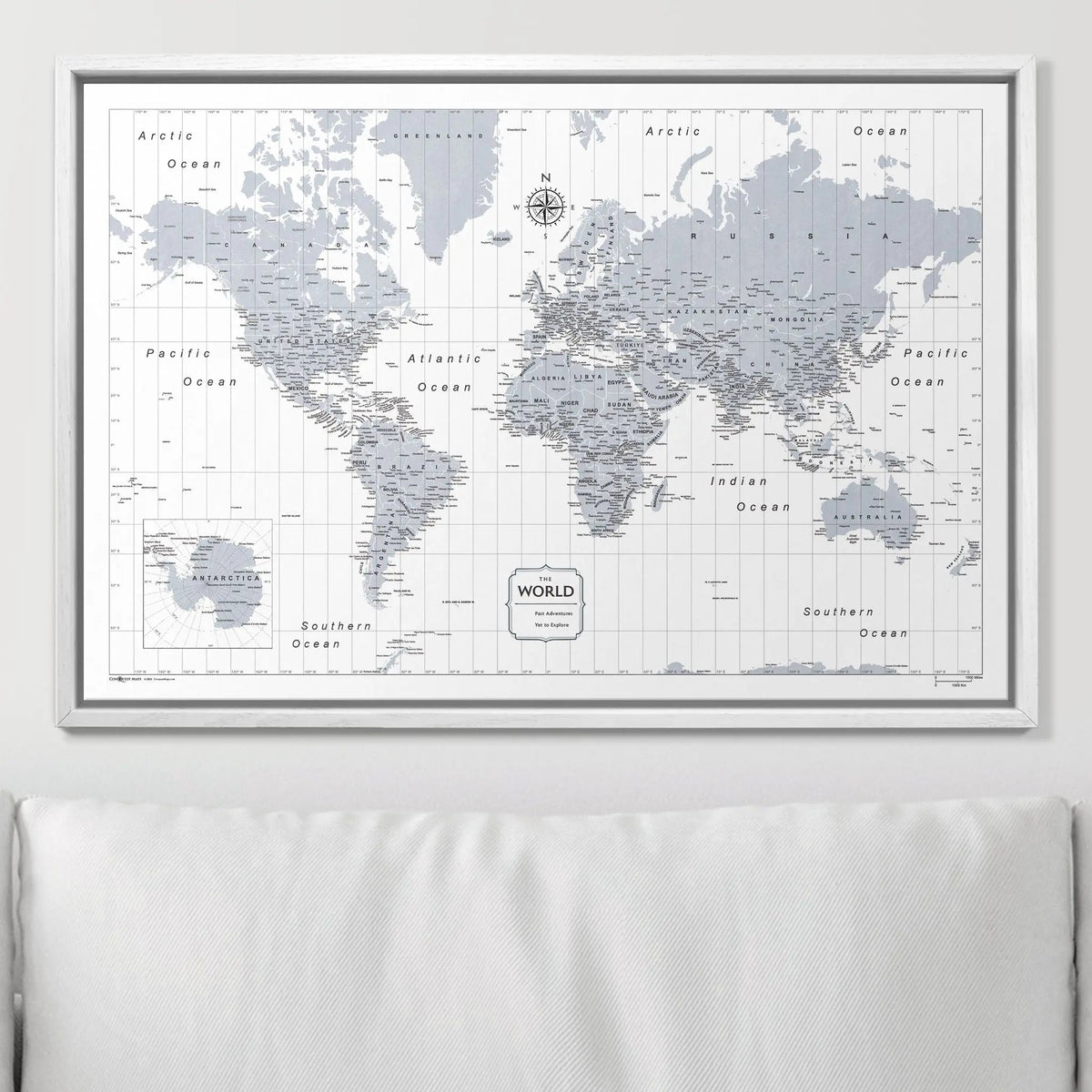 Push Pin World Map Pin Board - Light Gray Color Splash - Pins Included!