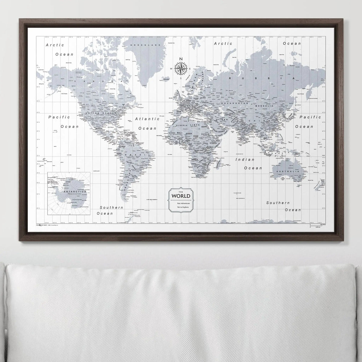 Push Pin World Map Pin Board - Light Gray Color Splash - Pins Included!