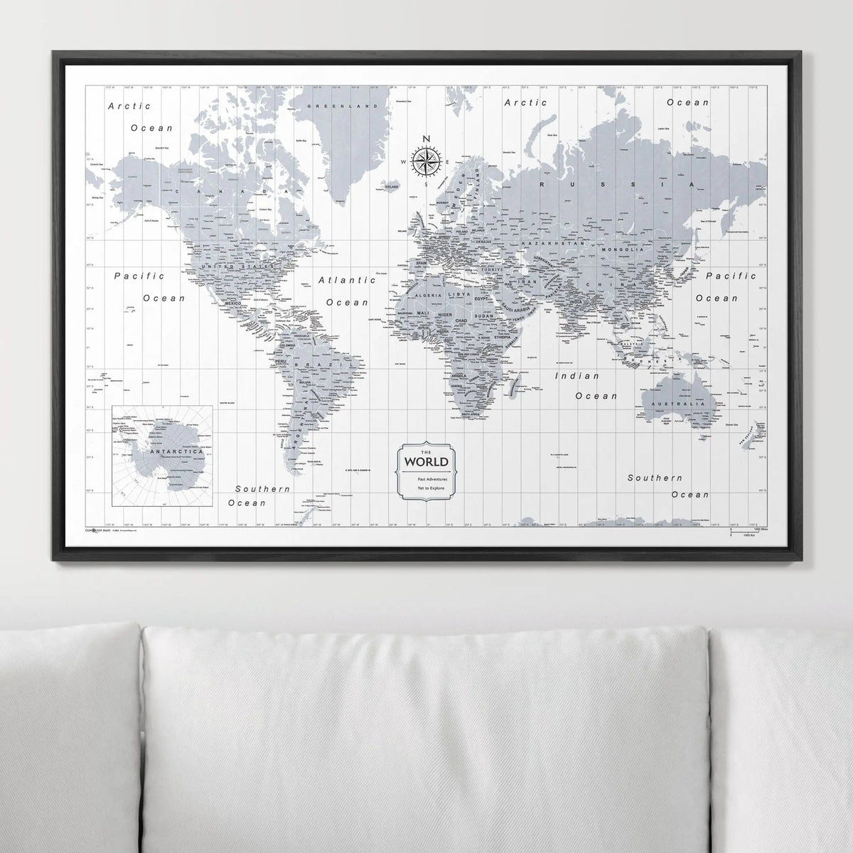 Push Pin World Map Pin Board - Light Gray Color Splash - Pins Included!