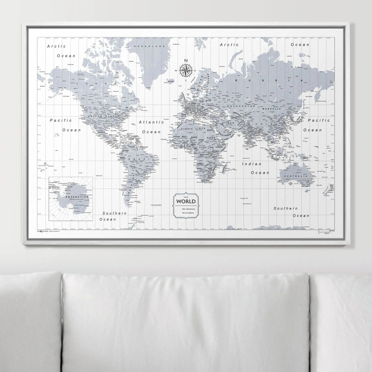 Push Pin World Map Pin Board - Light Gray Color Splash - Pins Included!
