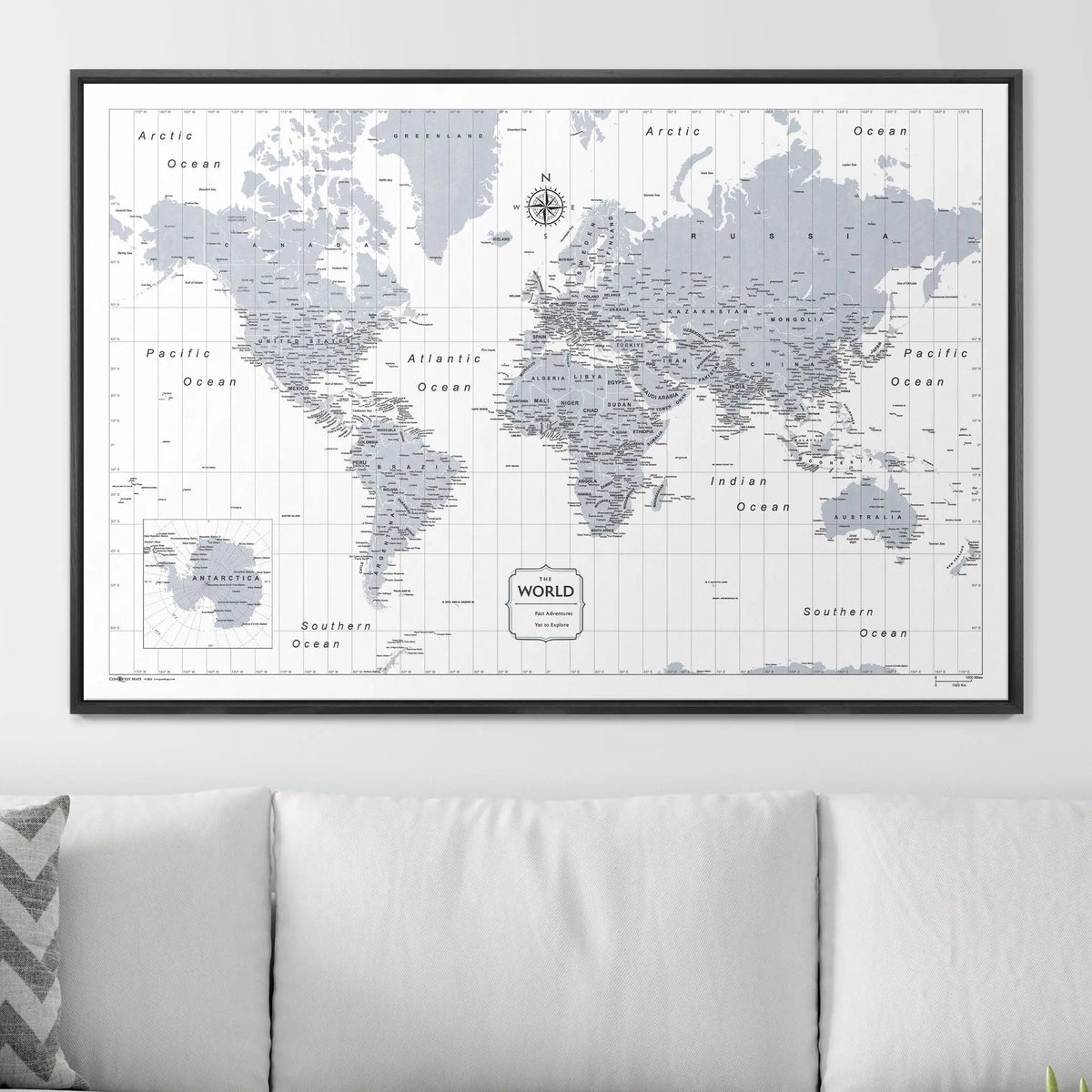 Push Pin World Map Pin Board - Light Gray Color Splash - Pins Included!