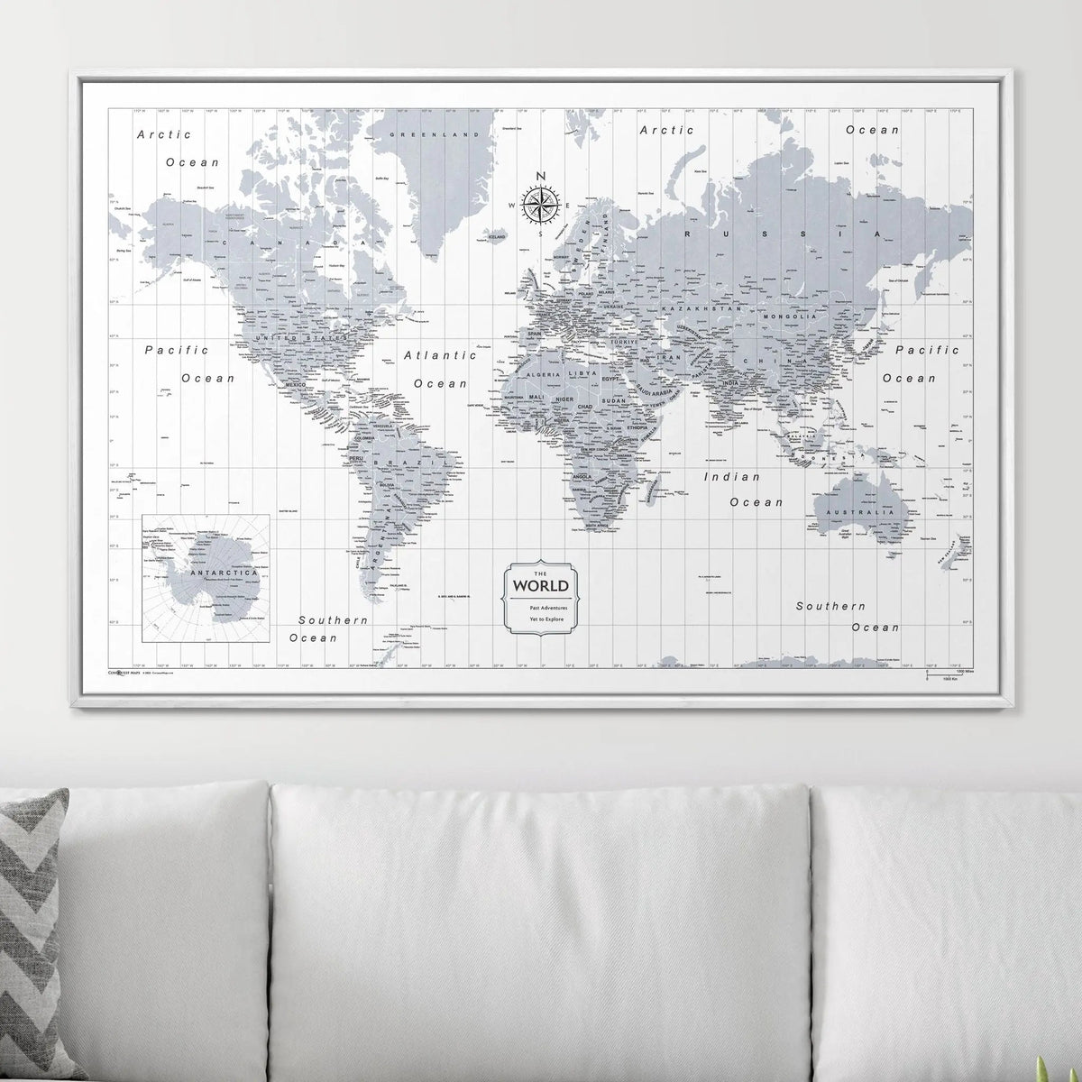 Push Pin World Map Pin Board - Light Gray Color Splash - Pins Included!