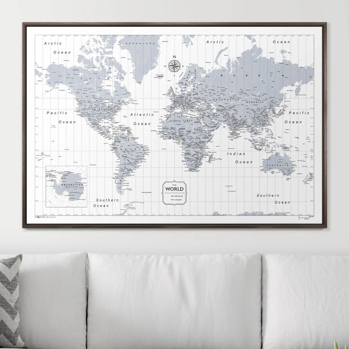 Push Pin World Map Pin Board - Light Gray Color Splash - Pins Included!