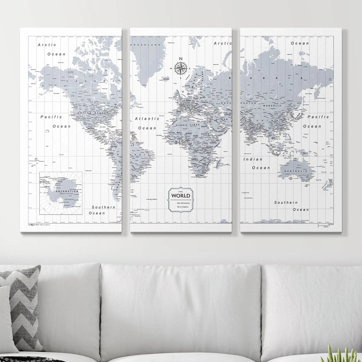 Push Pin World Map Pin Board - Light Gray Color Splash - Pins Included!