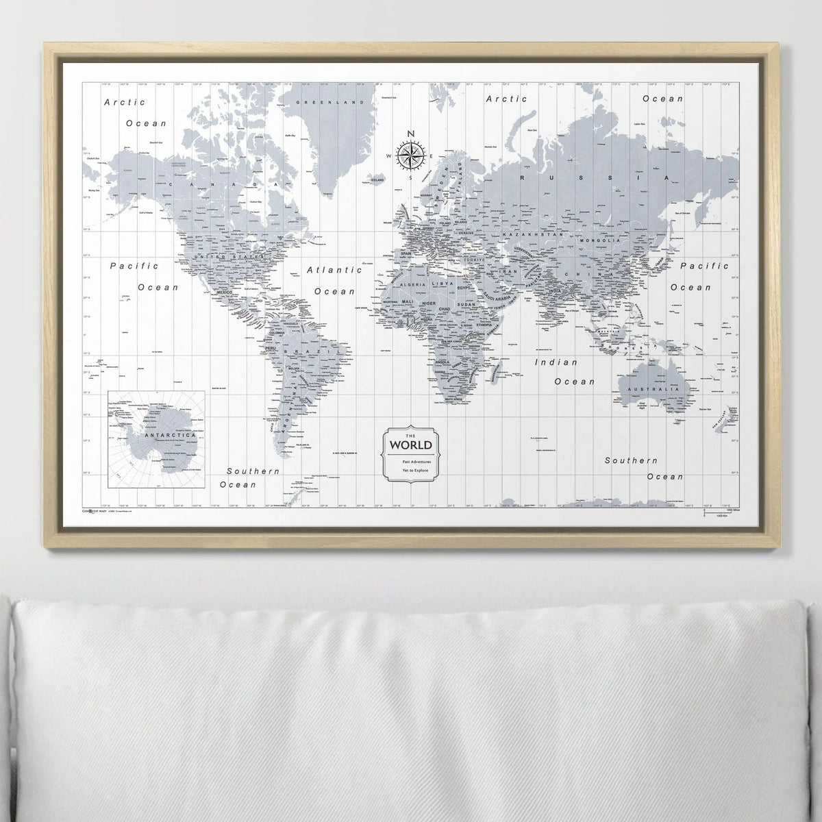 Push Pin World Map Pin Board - Light Gray Color Splash - Pins Included!