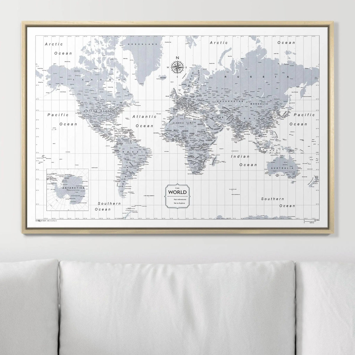 Push Pin World Map Pin Board - Light Gray Color Splash - Pins Included!
