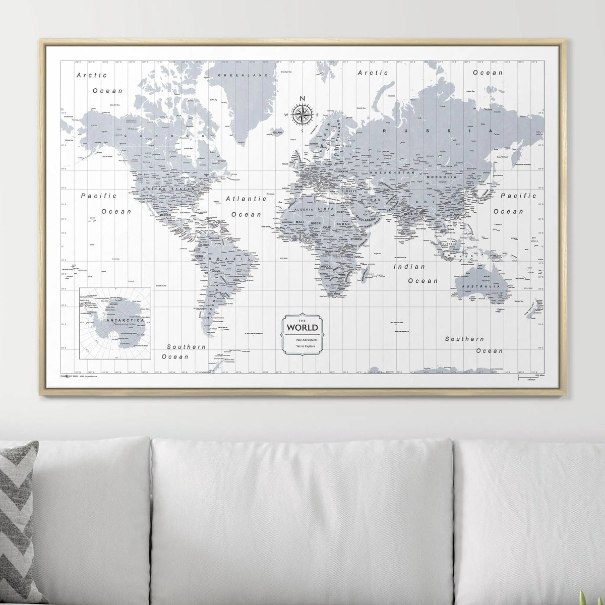 Push Pin World Map Pin Board - Light Gray Color Splash - Pins Included!