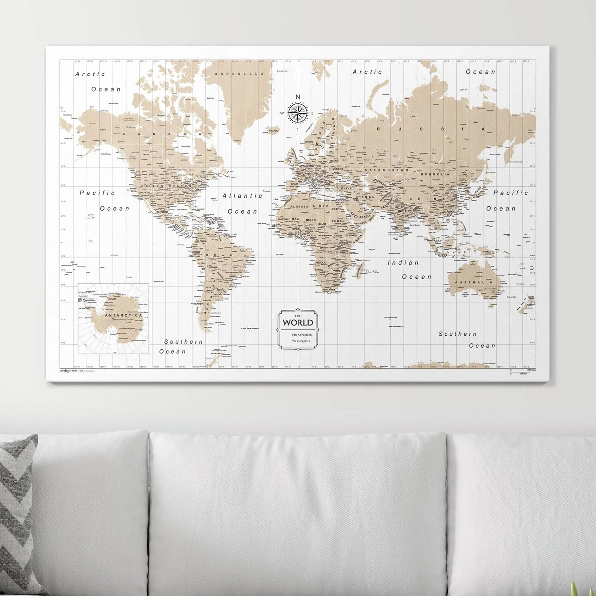 Push Pin World Map Pin Board - Light Brown Color Splash - Pins Included!